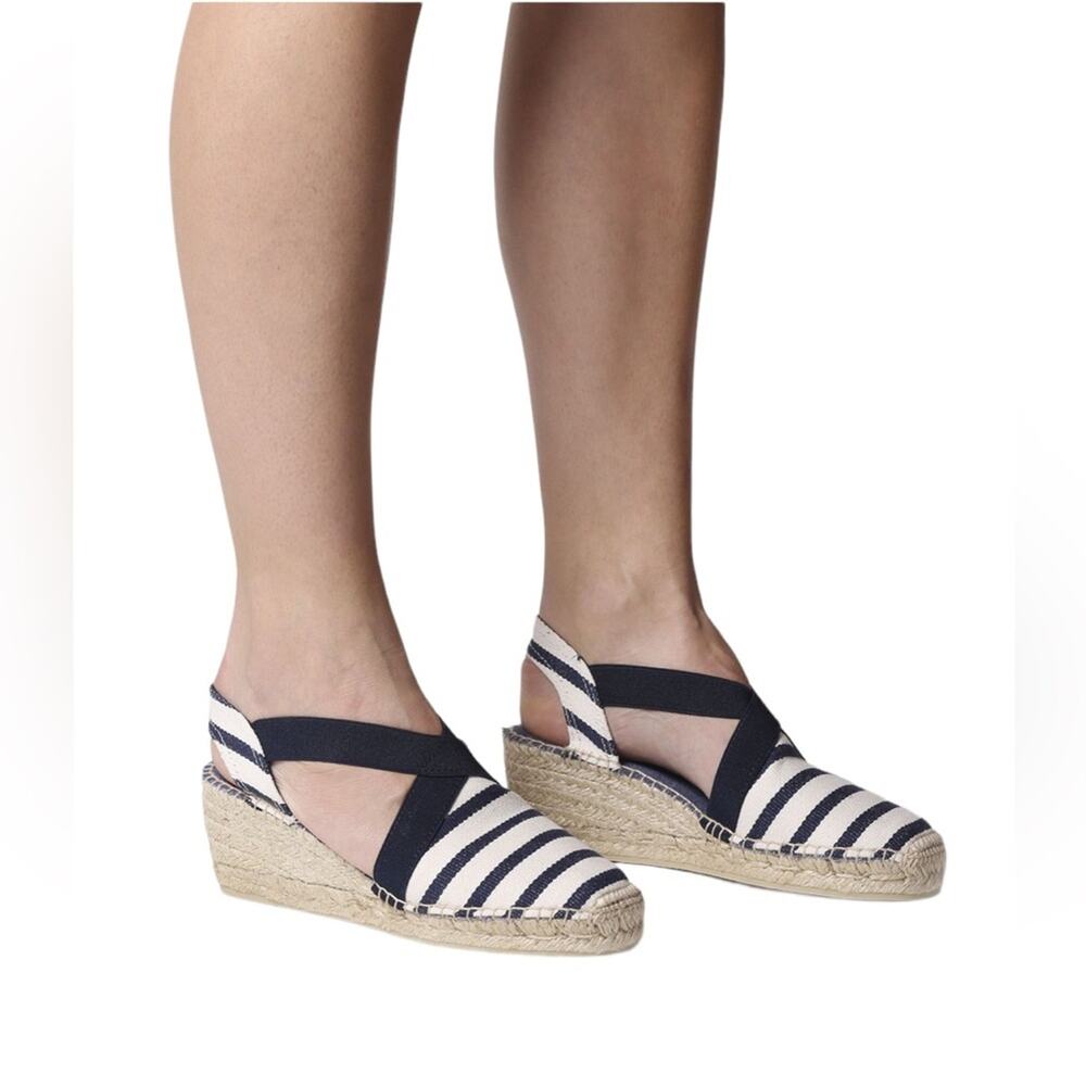 Toni Pons Tarbes Striped Vegan Espadrilles Navy & Tan Wedges Shoes Size 7.5